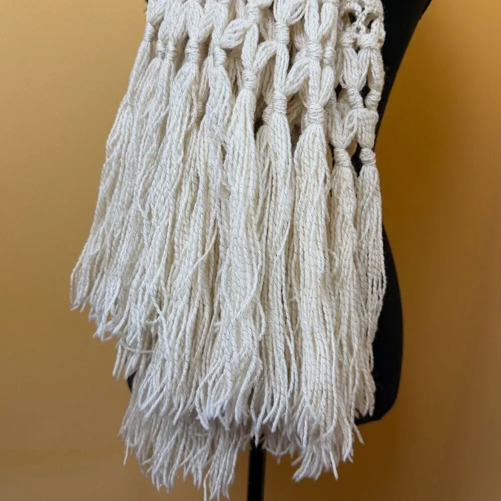 Vintage 70s Handmade Crochet Lace Scarf Cream Ivory Gold Metallic Shimmer Fringe